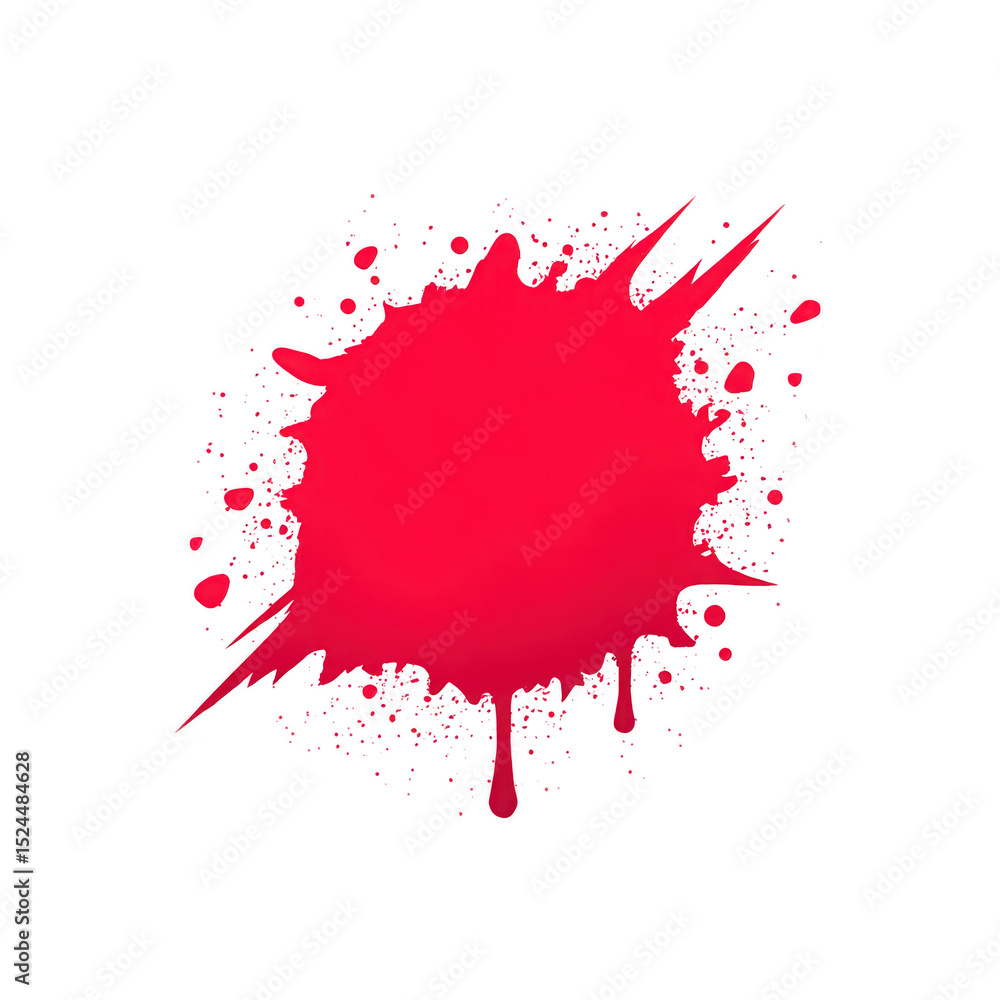 Poster vibrant red paint splatter with dynamic splashes and droplets on transparent background, conveying e