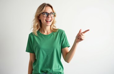 Young woman points finger, showing to side. Wears green t-shirt glasses. Smiling, laughing with excitement, indicating object on blank white background with copy space for text product placement.
