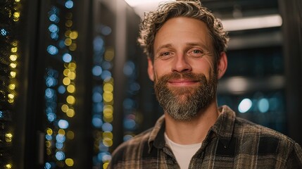 Happy IT Engineer Posing in Server Room with Equipment Background
