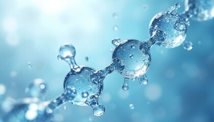 Abstract molecular structure illustration in blue. Transparent water molecule connections. Science, tech, medical research concept. Futuristic, clean design with shiny drops, bonds. Digital art shows
