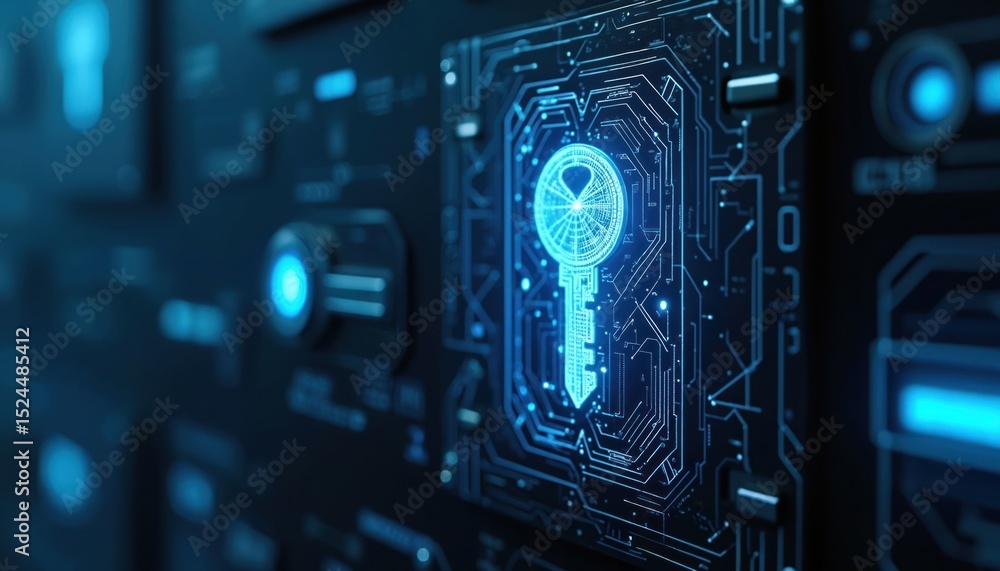 Aufkleber Digital key illuminated on circuit board. Tech concept for cybersecurity, data protection. Futuristic digital technology, innovation for business, data safety, software access, digital transformation.