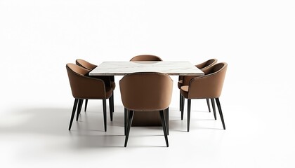Modern dining table set, marble top table with six chairs on white background. Contemporary home interior with luxurious furniture design, elegant dining room decor, modern aesthetic for dining,
