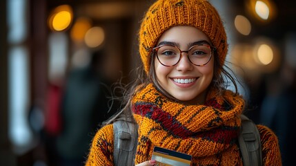 Smiling woman in warm clothing, holding a card, in a blurred city background