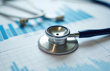 Stethoscope on chart with financial, business, medical data. Analysis report with healthcare statistics, market trends. Health, business, finance concept. Medical equipment on document, analysis