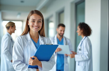 Smiling doctor in white coat holds clipboard with other medical professionals in background. Healthcare workers in hospital environment. Healthcare, medicine, hospital, medical, doctors, nurse, happy.