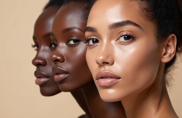 Fototapeta premium Three diverse women with different skin tones. Models showcase natural beauty, smooth healthy skin, cosmetic products. Facial beauty care for complexions, skin types. Portraits of multicultural