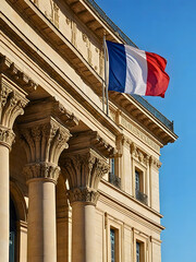 French flag waving on historic building facade under blue sky