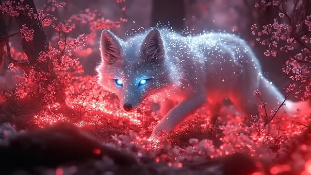 Magical white fox in a glowing forest.
