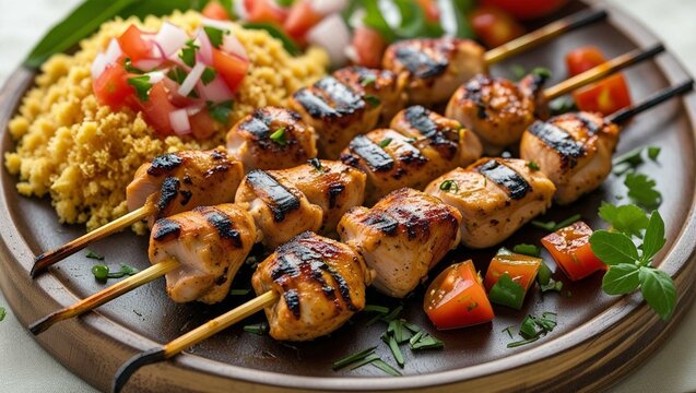 espetinho de frango vinagrete farofa