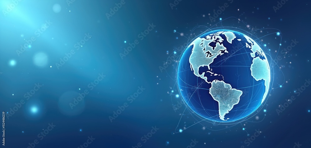 Poster abstract blue background with globe, representing global tech digital networks, connections. ideal f