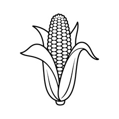 Illustration of an ear of corn with kernels and husks in black and white line art style drawing design