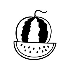 Illustration of a whole watermelon above a slice showing seeds in a simple black and white design