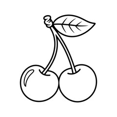 Illustration of two cherries connected by stems with a single leaf in black and white outline style