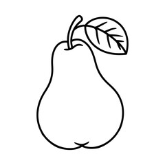 Illustration of a pear with a stem and a leaf in black outline on a white background design art