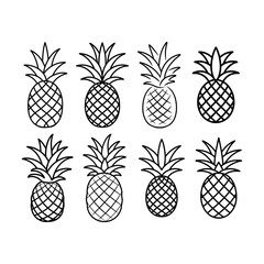 Collection of eight outlined pineapples with crosshatch pattern and leafy crowns in black and white