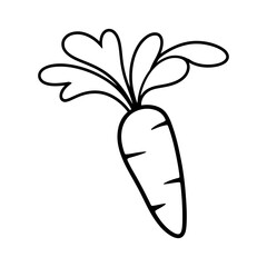Illustration of a simple carrot with leaves outlined in black on a white background drawing style