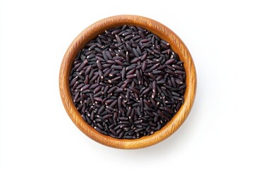 Black rice in a wooden bowl isolated on white background, a healthy and nutritious grain
