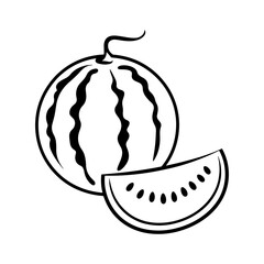 Illustration of a whole watermelon with black stripes and a slice showing the seeds in black outline