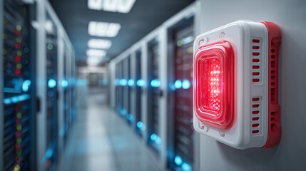 Red emergency alarm light glowing in a modern data center with server racks and blue LED lights illuminating the surroundings, security concept of technology or IT services