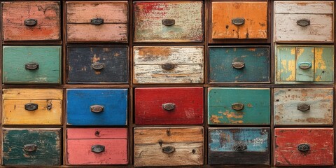 Multicolored antique wooden drawers with distressed paint