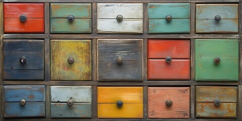 Multicolored antique wooden drawer cabinet