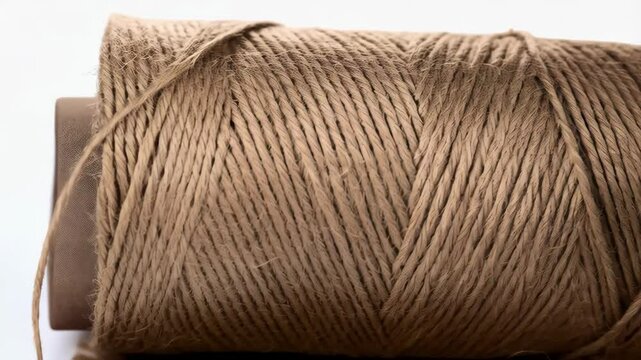 Close-up of a roll of brown jute twine string resting on a rough jute fabric, showcasing natural textures and neutral color palette