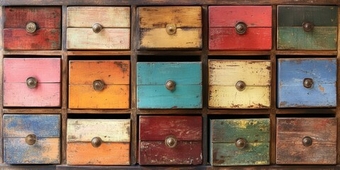 Multicolored distressed wooden drawer cabinet