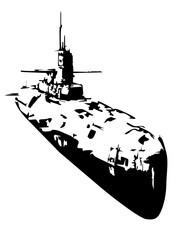 Submarine of the Second World War, dark silhouette on a white background, vector illustration, eps 10, for your designs in a technical, industrial, military style