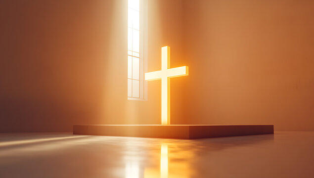 Glowing Christian cross standing in beige interior, with raised platform seam and soft backlighting