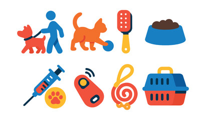 Fototapeta premium Flat vector icons of pet activities: dog walking, cat playing, grooming brush, feeding bowl, pet vaccination, training clicker, leash, pet carrier.