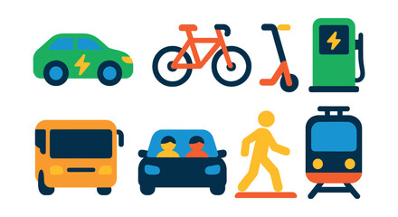 Flat vector icons of eco-friendly transportation: electric car, bicycle, scooter, charging station, bus, carpool, pedestrian crossing, metro train.