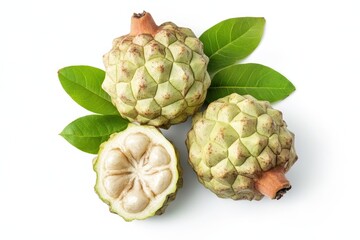 Fototapeta premium Custard apples with leaves isolated on white background, a tropical and exotic fruit