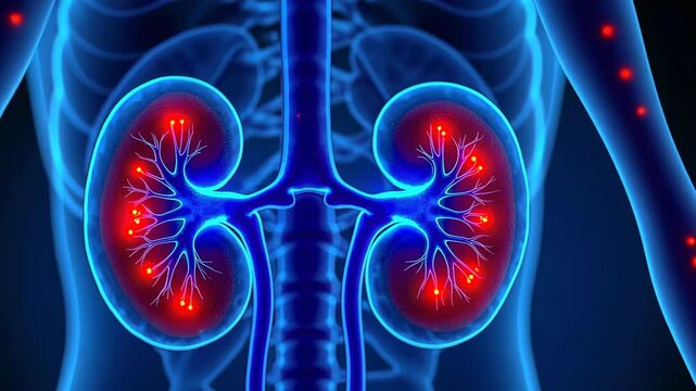 Kidney disease, renal health, organ failure. Medical illustration. Glomeruli filter blood efficiently. Tubules reabsorb essential nutrients. Nephrons prevent fluid overload.
