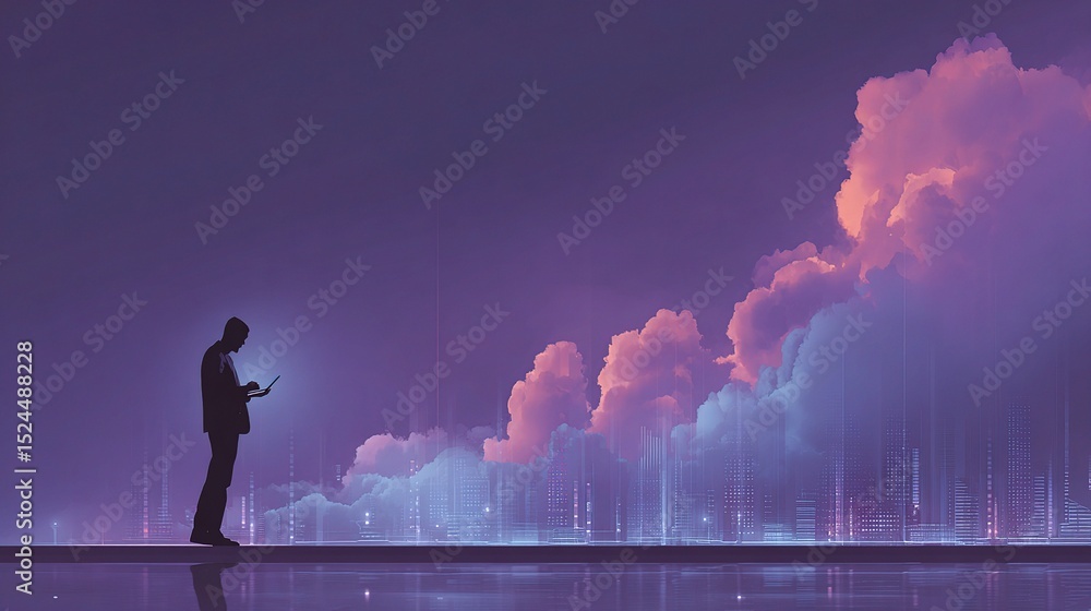 Poster silhouette of architect configuring cloud solutions with mobile device