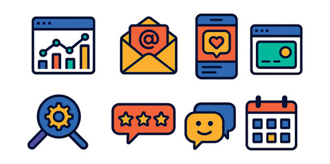 Flat vector icons of online business tools: website analytics, email marketing, social media post, payment gateway, SEO, customer review, chat support, content calendar.
