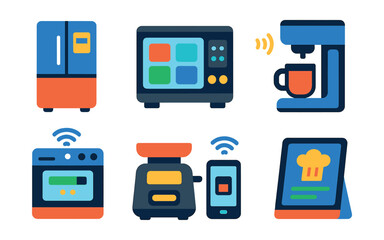 Flat vector icons of smart kitchen gadgets: smart fridge, touchscreen oven, voice-controlled coffee maker, smart blender, connected dishwasher, kitchen scale with app, smart toaster, recipe assistant