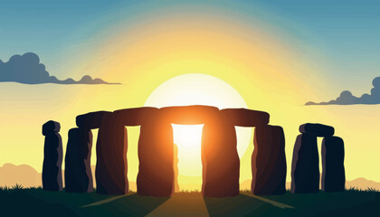 Stonehenge silhouette at summer solstice, celestial awakening