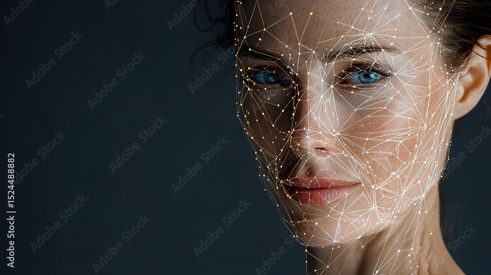 Poster beautiful woman with facial scan displaying connected patterns