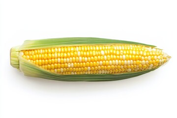 Fresh ear of corn isolated on white background, showing yellow kernels and green husk