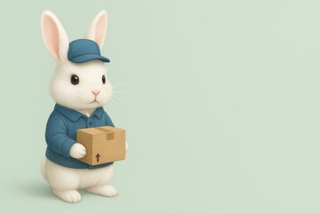 Obraz premium A cute cartoon rabbit wearing a blue delivery uniform holds a cardboard box. The background is a soft pastel green, creating a cheerful atmosphere.