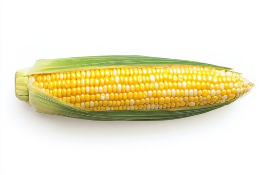 Fresh ear of corn isolated on white background, showing yellow kernels and green husk