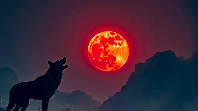 Lonely silhouette, red moonrise, howling wolf. Nature scene. Silent wolf under crimson sphere. Moonlight bathes eerie landscape. Predatory howls echo nightfall.