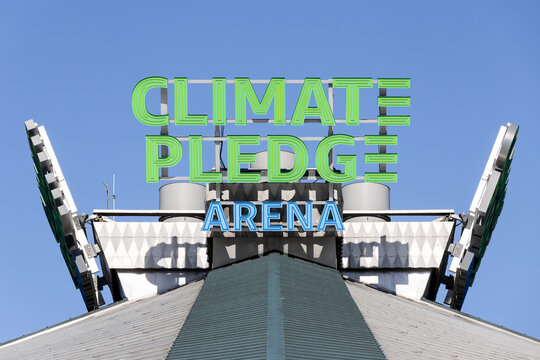 Seatlle, WA, USA - May 30, 2025: Climate Pledge Arena, home to the Seattle Kraken and Seattle Storm, is an indoor arena hosting sports and events in downtown Seattle. 