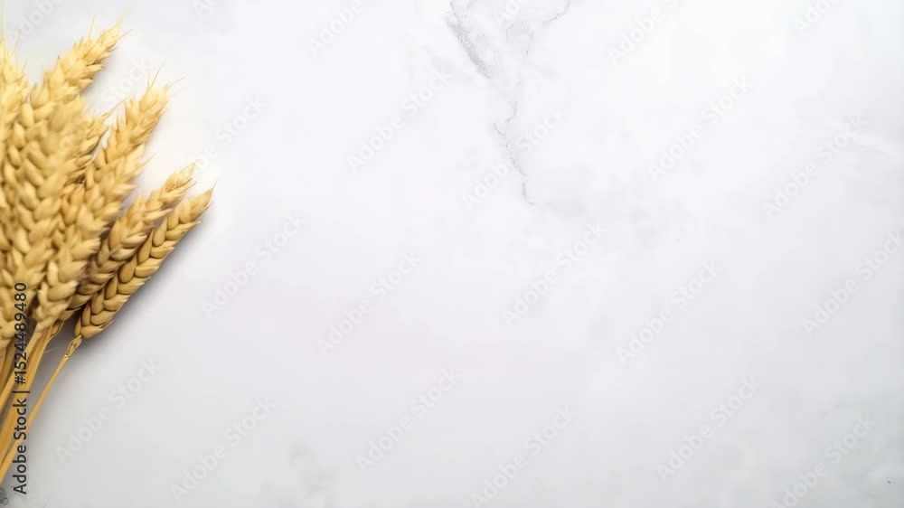 Poster wheat stalks arranged on a white marble background, providing a rustic, natural design element with 