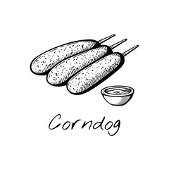 Vector illustration of classic corndogs with dipping sauce. Handdrawn black and white engraving style. Perfect for street food menus and snack-themed designs.