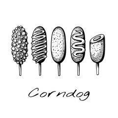 Vector set of 5 hand-drawn corndogs in different styles: classic, with cheese, potato coating, and sauce. Vintage black and white food illustration for menus and designs.