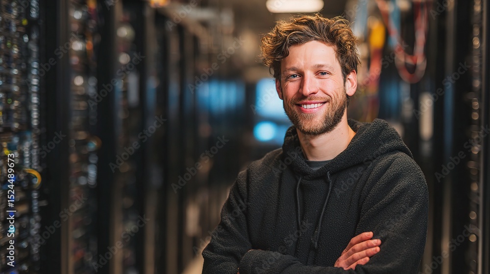 Poster smiling it support engineer in server room with confident pose
