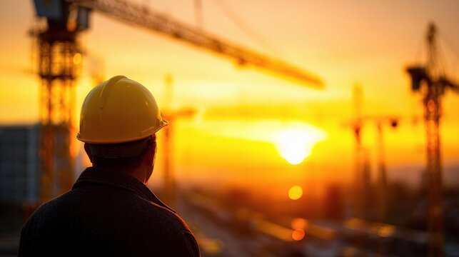 Construction Worker with Yellow Hard Hat at Sunset on Site