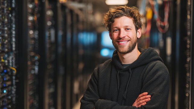 Smiling IT Support Engineer in Server Room with Confident Pose