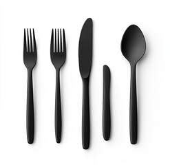 Matte black cutlery set; two forks, butter knife, dinner knife, and spoon